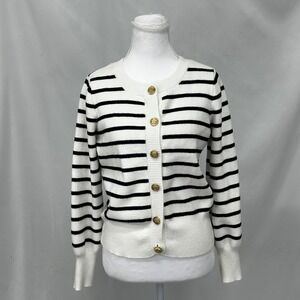 Cyrus Women's Sz Small Cardigan White Navy Striped Gold Button Nautical Preppy